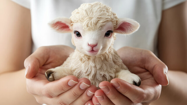 A person is holding a baby lamb in their arms. The lamb is white and has a cute, innocent expression. Concept of warmth and tenderness, as the person is caring for the young animal