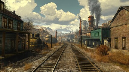 Abandoned Town with Steampunk Factory Background, Post-Apocalyptic Scene