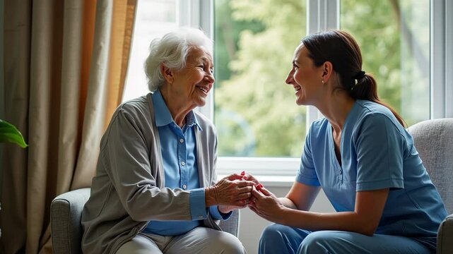 Nurse talking to an elderly woman holding her hand