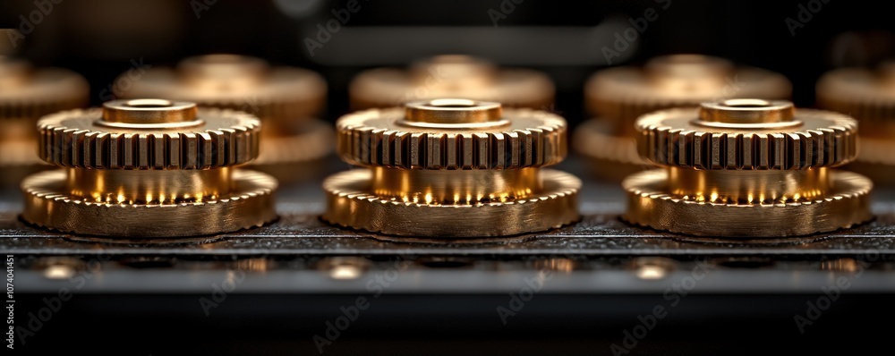 Poster close-up of three shiny gold cogs on a black surface