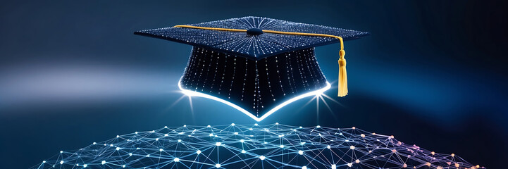 Abstract digital art of an open graduation cap made from glowing lines and dots, floating above a network grid on a dark blue background, power to shape your future through education