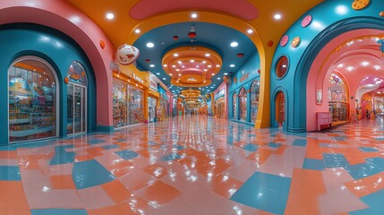 Obraz premium Colorful arcade corridor with shops and a fun atmosphere.