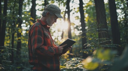 Naklejka premium Man Using Tablet in Serene Forest Setting