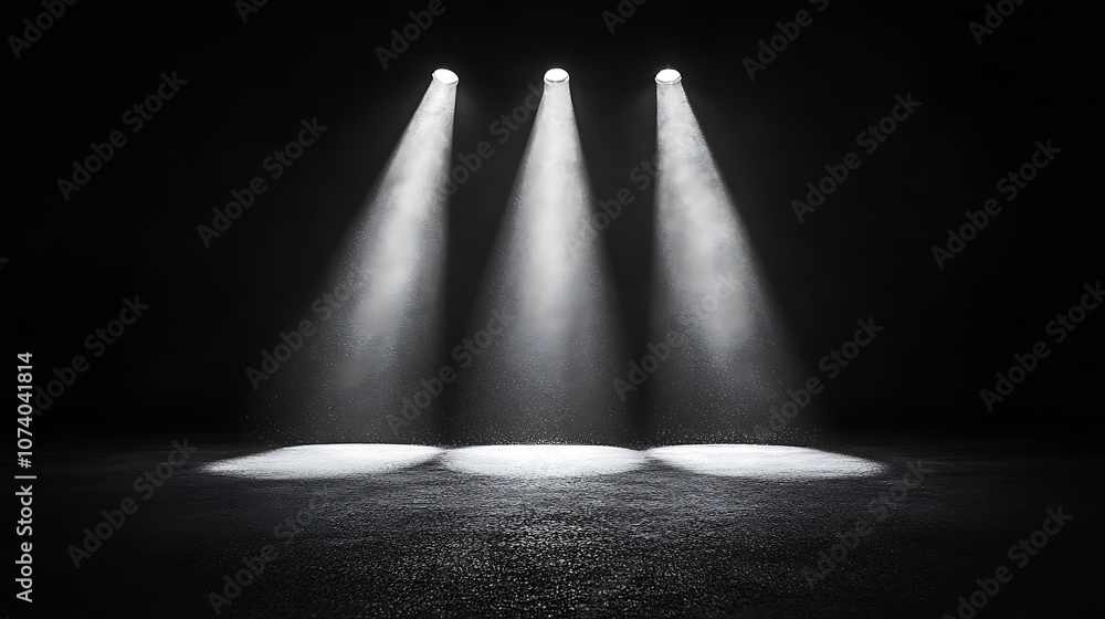 Aufkleber Abstract background with three light beams shining down on the asphalt floor, creating an illuminated and minimalistic scene for product presentation in studio