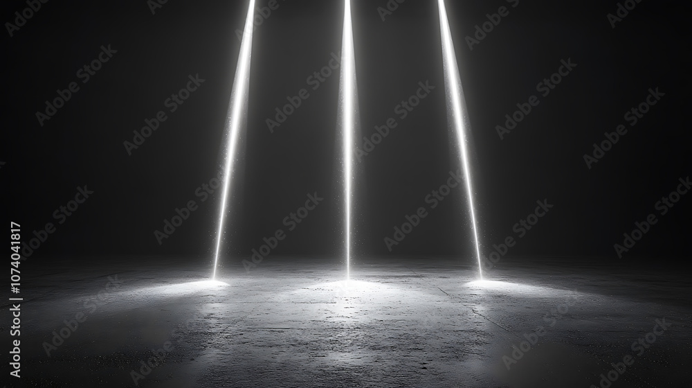 Aufkleber Abstract background with three light beams shining down on the asphalt floor, creating an illuminated and minimalistic scene for product presentation in studio