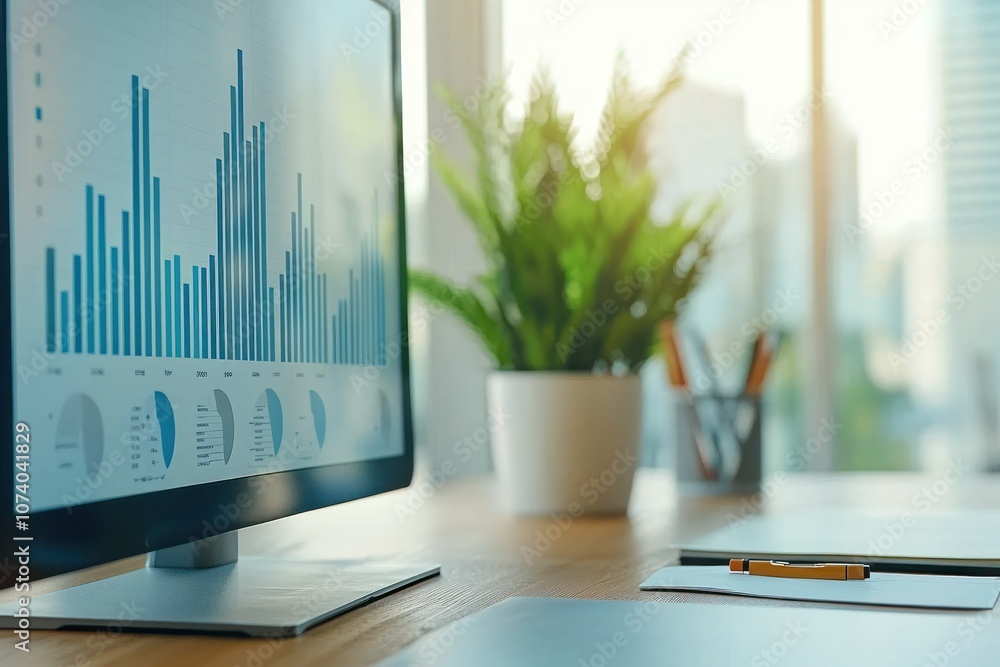 Poster A Modern Office Desk with a Computer Displaying Charts and Graphs