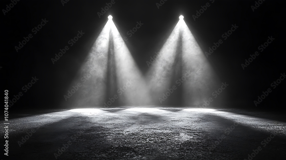 Aufkleber Abstract background with three light beams shining down on the asphalt floor, creating an illuminated and minimalistic scene for product presentation in studio