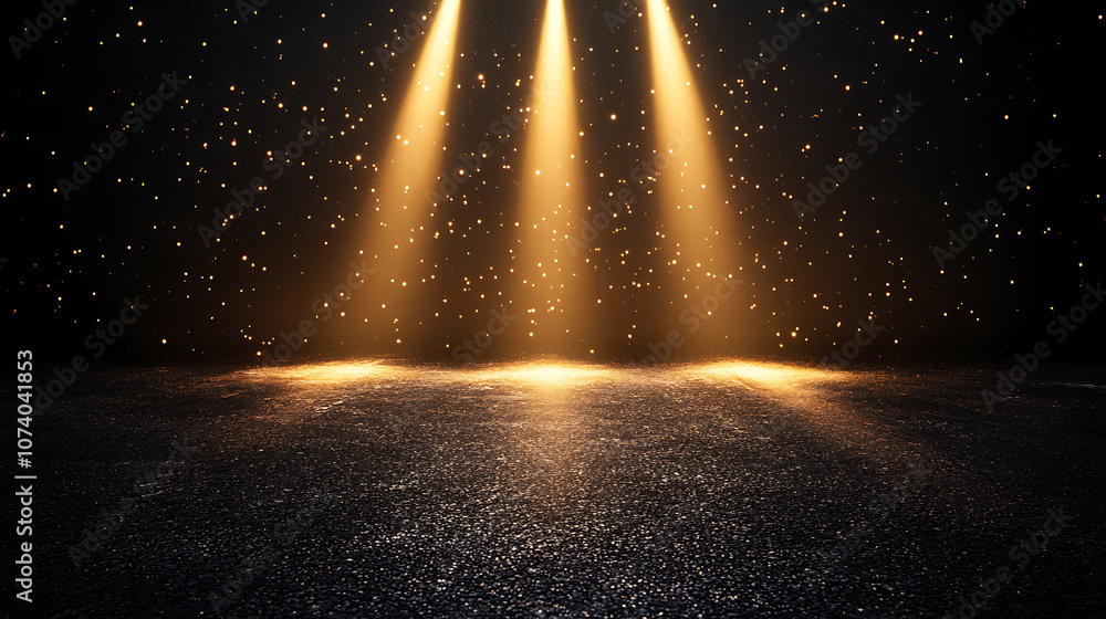 Poster Abstract background with three light beams shining down on the asphalt floor, creating an illuminated and minimalistic scene for product presentation in studio
