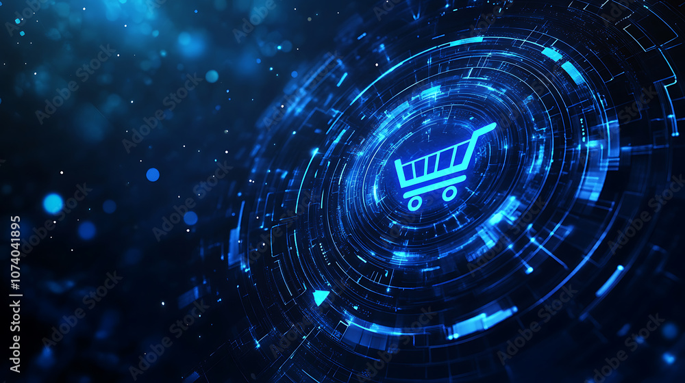 Aufkleber abstract futuristic background with a glowing blue hologram shopping cart icon in a circle on a dark