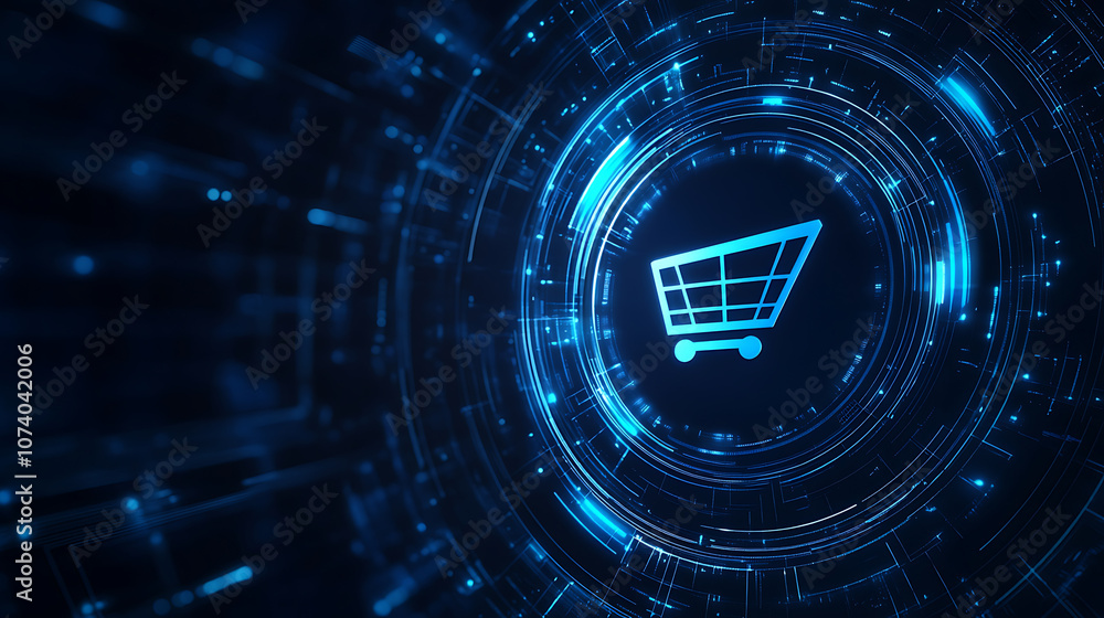 Poster abstract futuristic background with a glowing blue hologram shopping cart icon in a circle on a dark