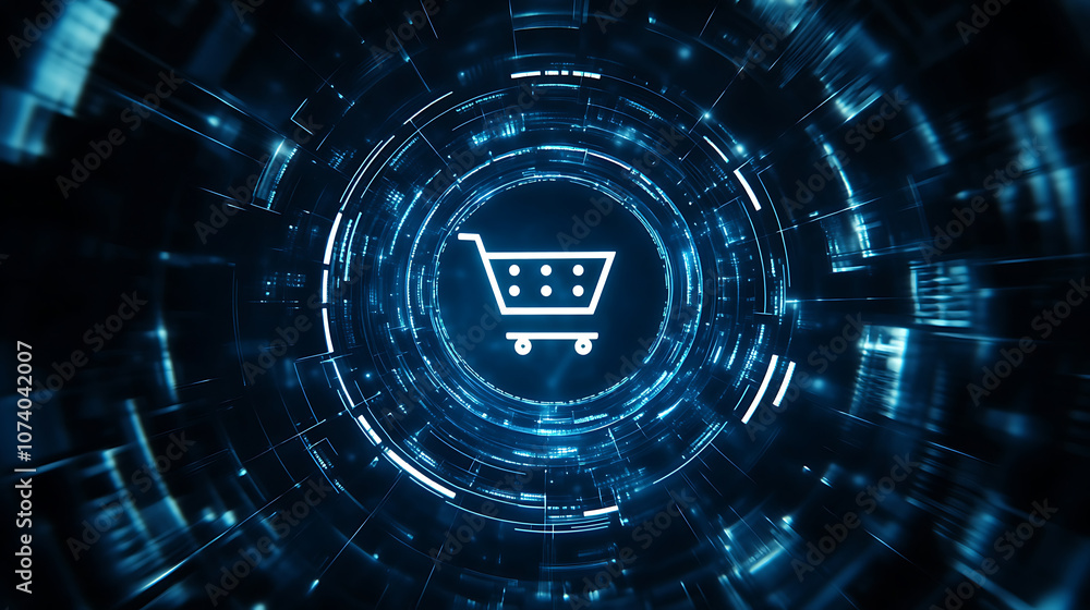 Poster abstract futuristic background with a glowing blue hologram shopping cart icon in a circle on a dark