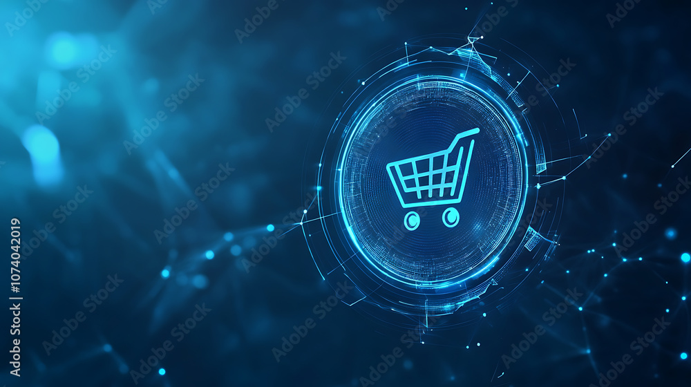 Poster abstract futuristic background with a glowing blue hologram shopping cart icon in a circle on a dark