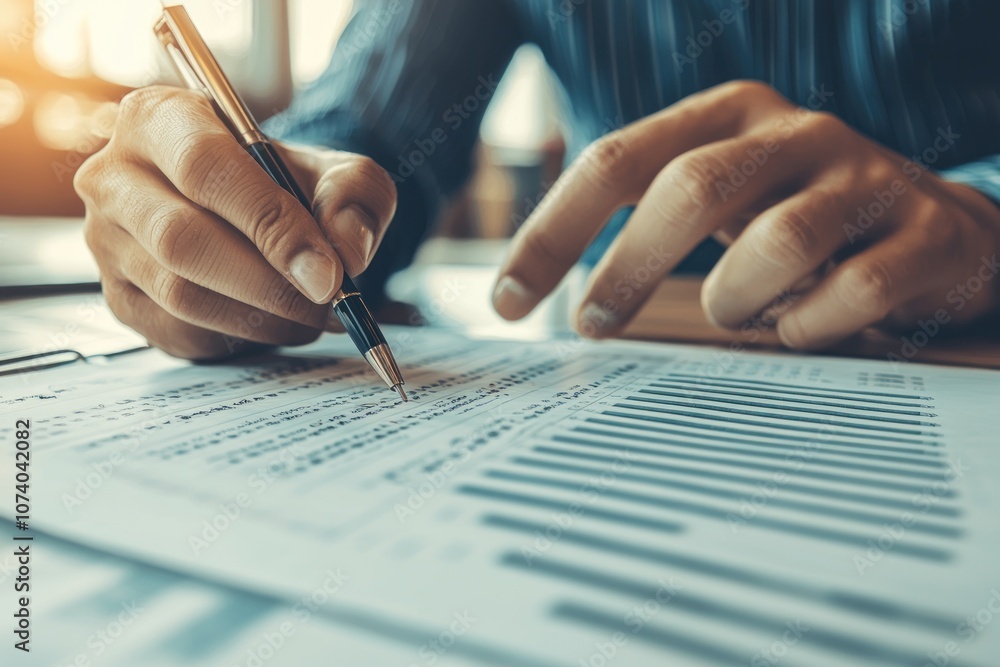 Poster close-up of a hand writing on a spreadsheet with a pen