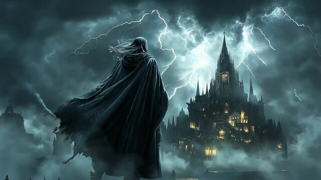 Dark castle on a stormy night in a fantasy world A