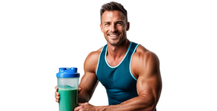 Sporty happy man holding container with protein in hands, isolated