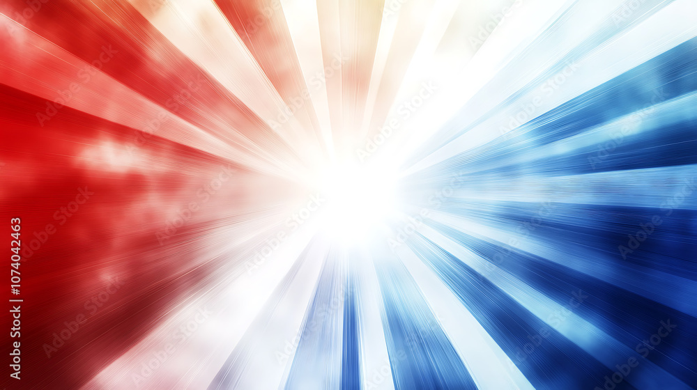 Poster abstract red, white and blue background with light rays in the center