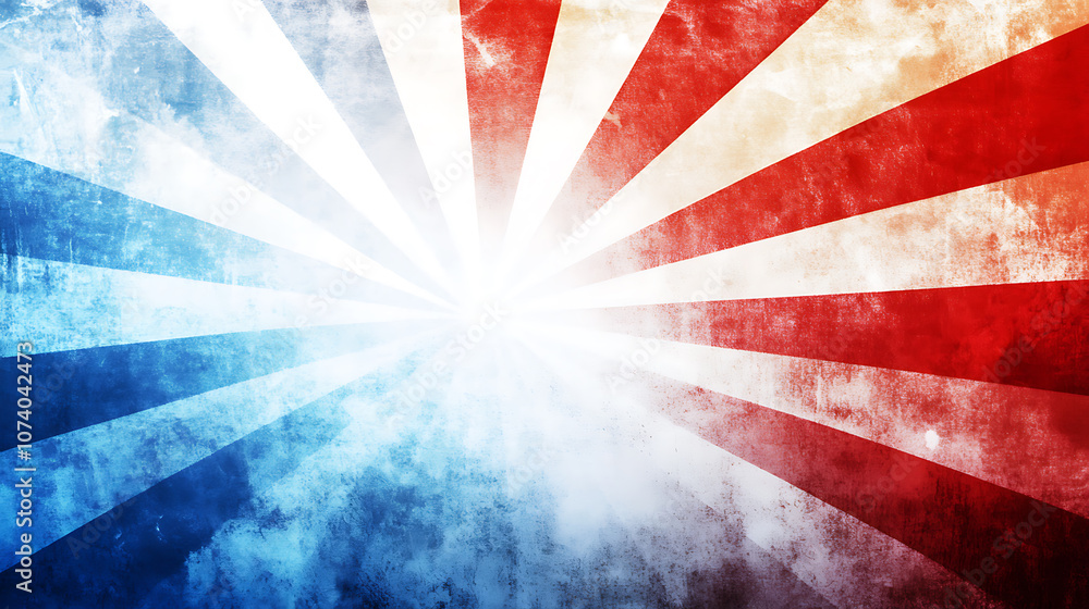 Poster abstract red, white and blue background with light rays in the center