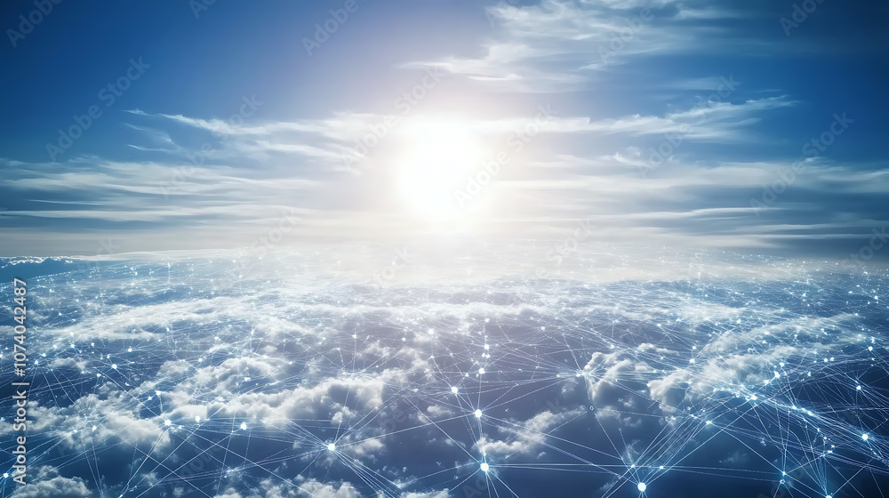 Poster abstract technology background with digital network and global connection, white on blue sky color