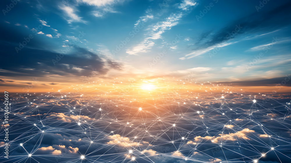Leinwandbilder abstract technology background with network connection lines and dots on blue sky, white background