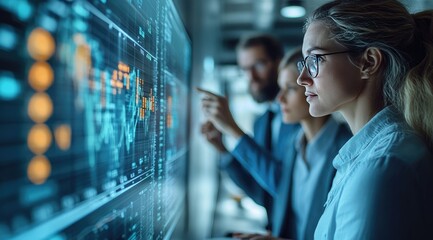 Business professionals analyzing data on a large screen in a modern office.