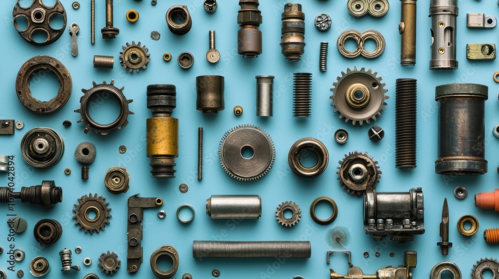 Poster a collection of assorted metal parts and gears on a light blue background