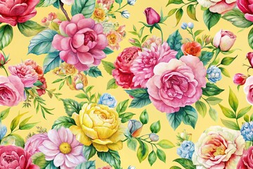 Beautiful Floral Watercolor Pattern Featuring Roses and Peonies on a Vibrant Yellow Background, Perfect for Fabric, Wallpaper, and Home Decor Designs