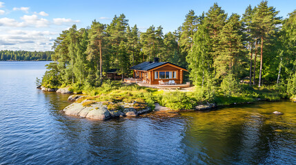 Obraz premium Aerial view of a cabin near a lake in a forest in Lapland, Finland
