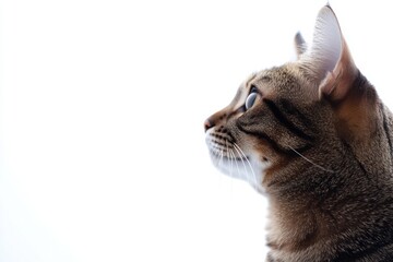 the beside view Bengal cat standing, left side view, low angle, white copy space on right, Isolated on White Background
