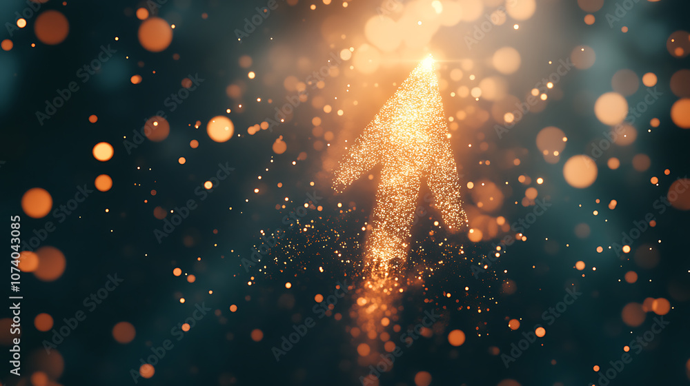 Poster an arrow pointing upwards, surrounded light trails and energy particles on a dark background, symbol