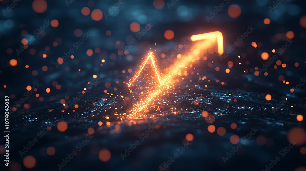 Poster an arrow pointing upwards, surrounded light trails and energy particles on a dark background, symbol