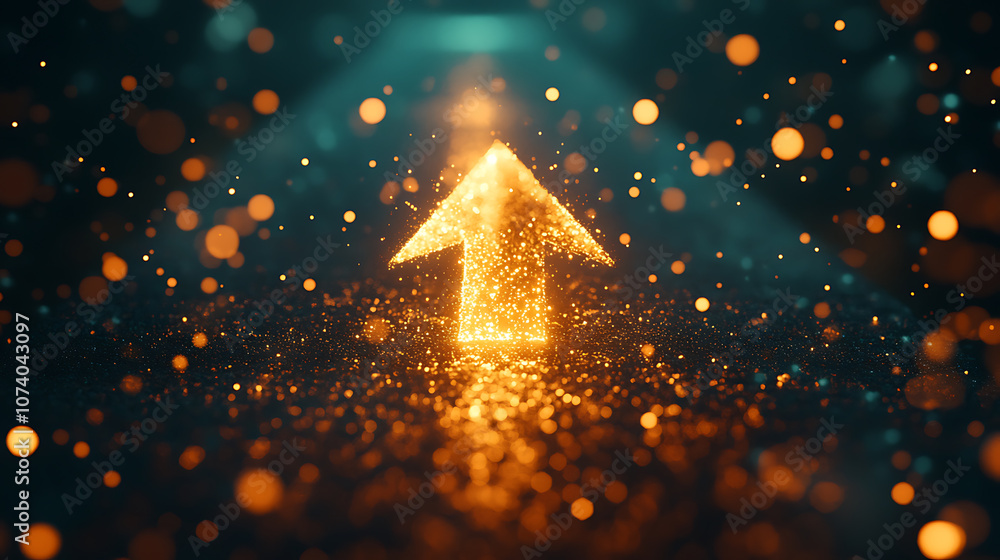 Poster an arrow pointing upwards, surrounded light trails and energy particles on a dark background, symbol