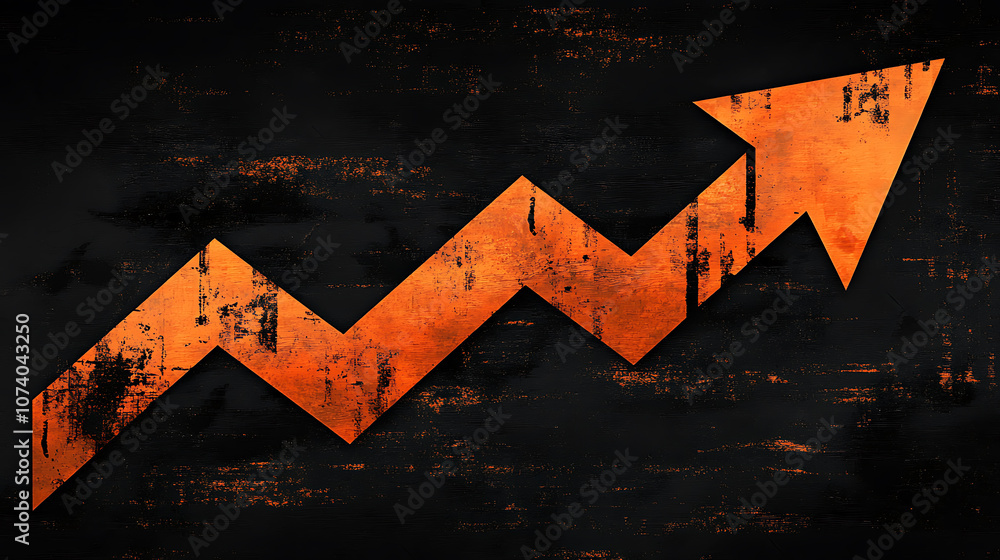 Fototapete an orange arrow pointing upwards on a black background going up in the shape of an upward graph