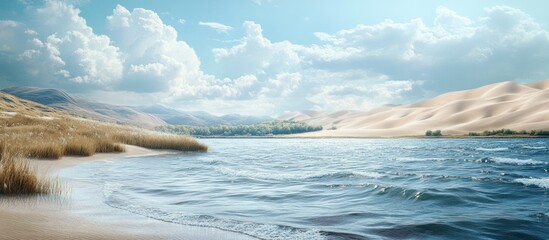 Naklejka premium A tranquil lake with gently rolling waves and a sandy shore. The scene is framed by rolling hills with a line of trees in the background, and a blue sky with fluffy white clouds.