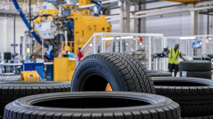 A tire is sitting on top of a pile of other tires. Concept of industry and production, as the tires are likely being manufactured or assembled in a factory setting