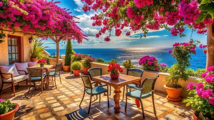 Fototapeta premium Beautiful Mediterranean Patio Surrounded by Bougainvillea Flowers Overlooking the Sea with Comfortable Seating for Relaxation and Outdoor Dining Experience