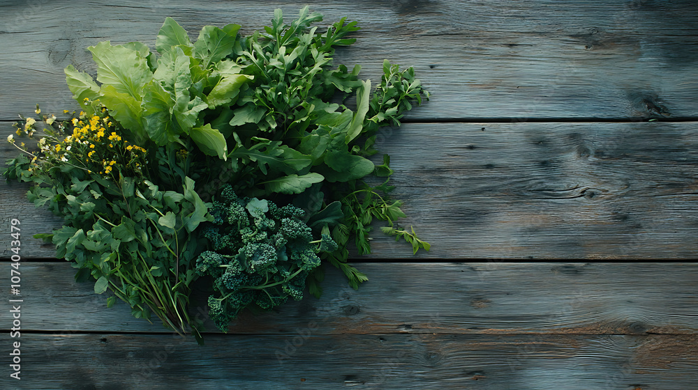 Poster Top down view of freshly picked vegetables and herbs from a local farm on a rustic wooden table with copy space