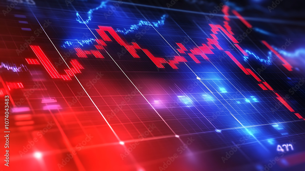 Aufkleber the stock market chart is going down with a blurred background in red and blue colors stock charts a
