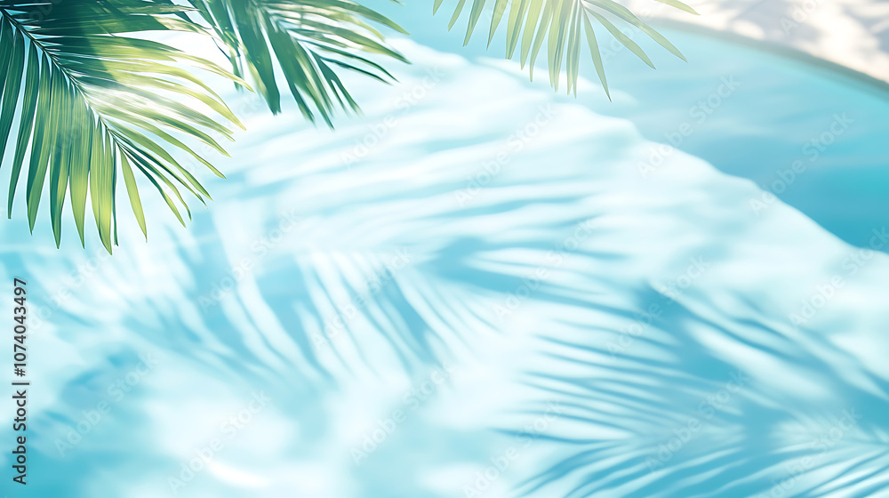 Poster beautiful blurred background of light blue water with the shadow from palm leaves in a swimming pool
