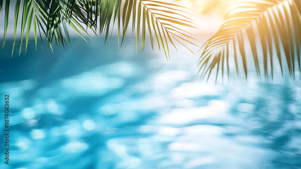 Aufkleber beautiful blurred background of light blue water with the shadow from palm leaves in a swimming pool