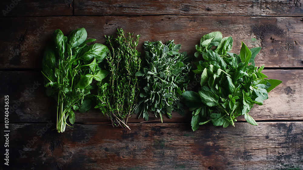 Poster Top down view of freshly picked vegetables and herbs from a local farm on a rustic wooden table with copy space