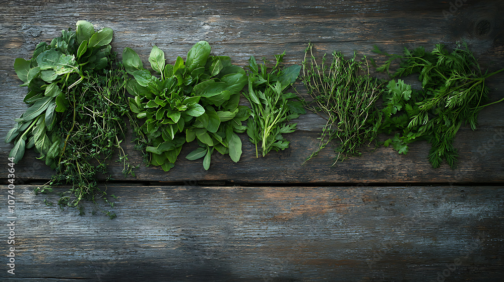 Poster Top down view of freshly picked vegetables and herbs from a local farm on a rustic wooden table with copy space
