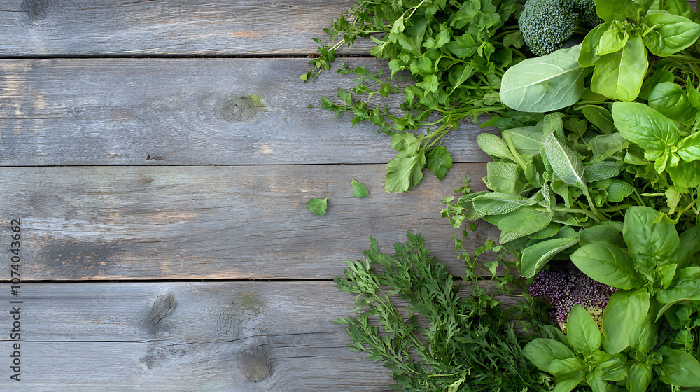 Poster Top down view of freshly picked vegetables and herbs from a local farm on a rustic wooden table with copy space