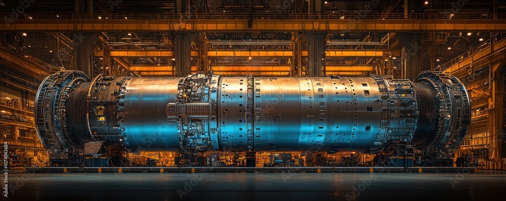 Poster a large industrial turbine engine in a factory setting