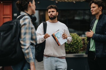 A group of college students gathers outside to discuss their recent exam results, engaging in a...