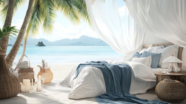 A romantic bed setup on a tropical beach with white curtains, blue pillows, and a wooden nightstand.