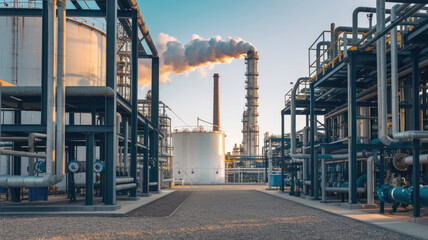 A large industrial plant with a large white tank and a tall smokestack. The smoke from the smokestack is billowing into the sky