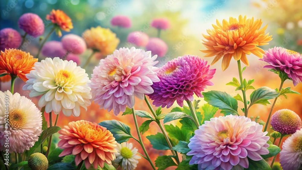 Poster beautiful watercolor mums in a garden setting with soft pastels and vibrant colors captured using th