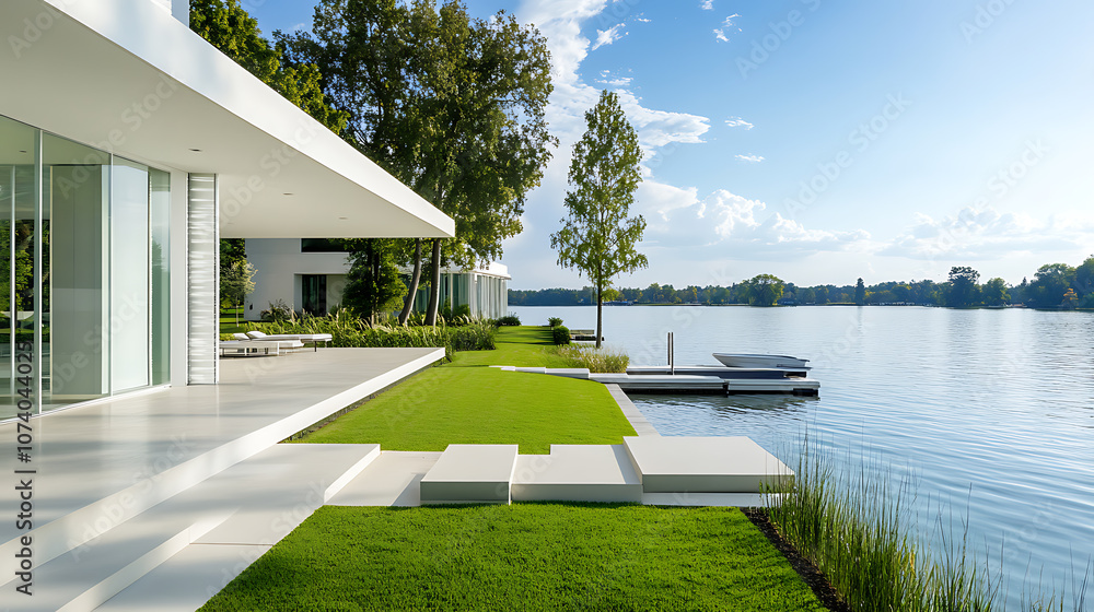 Poster wide angle photo of the front porch and lake view from behind an all white modern home with green gr
