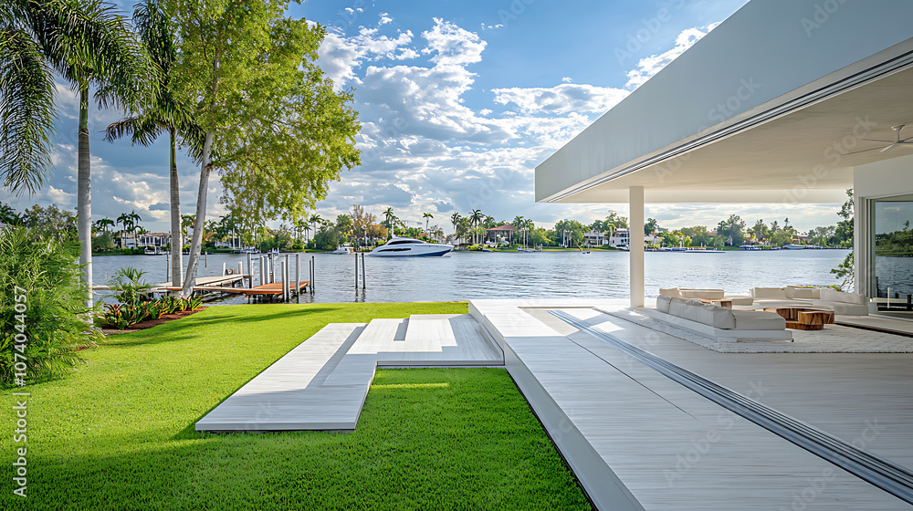 Poster wide angle photo of the front porch and lake view from behind an all white modern home with green gr