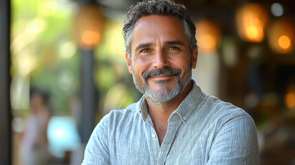 Fototapeta premium Smiling man with beard in casual shirt, exuding confidence and warmth